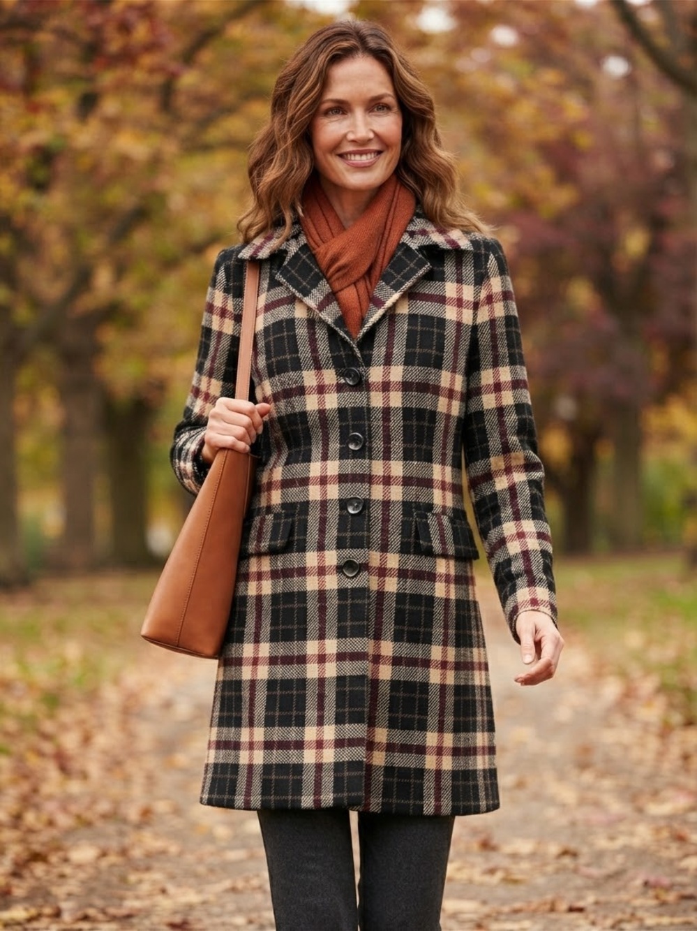 Anne Klein Classic Plaid Pea Wool Blend Coat Black, Cream, Red & Tan VTG Style